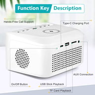 Rear view of alarm clock displaying USB ports, FM antenna, and charging connections