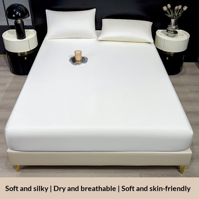 Lavender ice silk fitted sheet fitted snugly on mattress corner