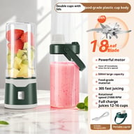 Green and pink USB rechargeable handheld mixer cups with dual-cup system