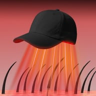 Red light therapy cap stimulating hair follicles on scalp with LED diagram
