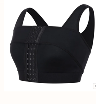 Woman wearing surgical recovery bra with adjustable posture support straps engaged