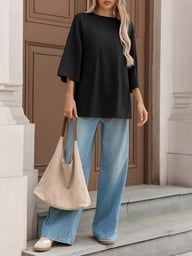 Fisoew Women's Oversized T-Shirt with Side Slits | Loose Fit Gym Tee — view 8