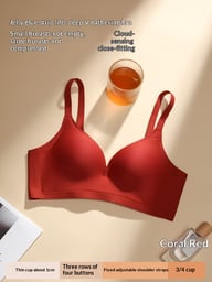 Coral red wireless push-up bra with jelly gel strips and three-row closure