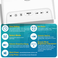 Close-up of alarm clock control buttons showing function descriptions and settings