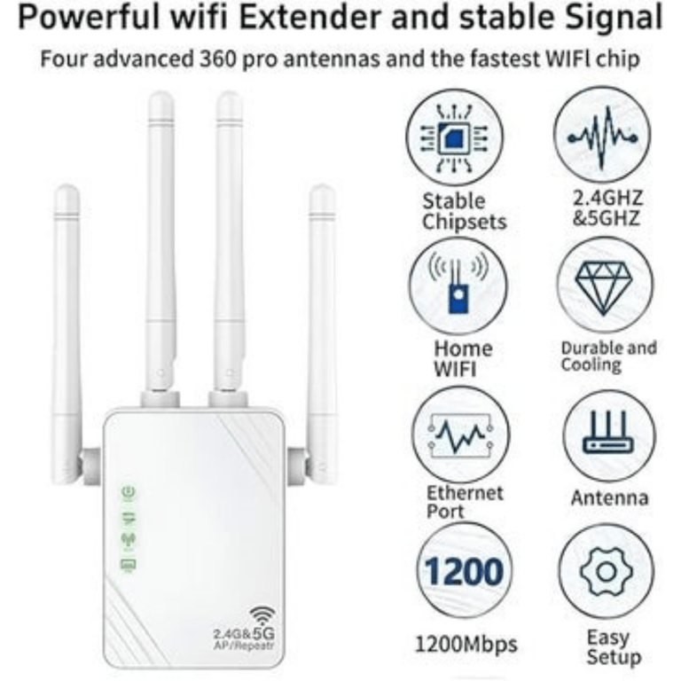 Dual-band WiFi amplifier next to gaming console with ethernet cable