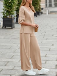 Women's 2 Piece Wide Leg Tracksuit Set | V Neck Casual Workout — view 14
