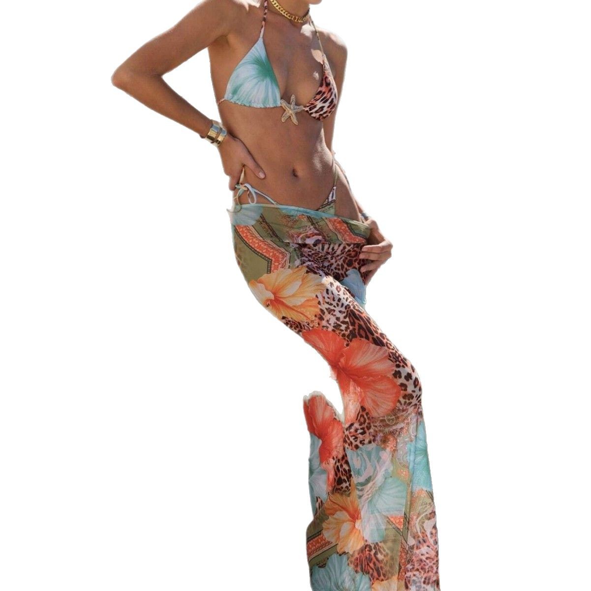 Floral Triangle Bikini Three-Piece Set with Sheer Maxi Cover-Up | Quick-Dry