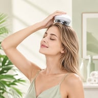 Woman enjoying relaxing scalp massage with English Mini Octopus rechargeable head massager