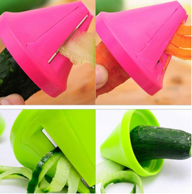 Close-up of spiralizers in action with various vegetables