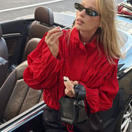Red Pleated Stand-Collar Coat | Trendy Women's Fashion Top — view 6