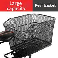 Black metal mesh rear bike basket mounted on bicycle rack carrier