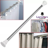 Telescopic shower curtain rod with multiple usage examples shown