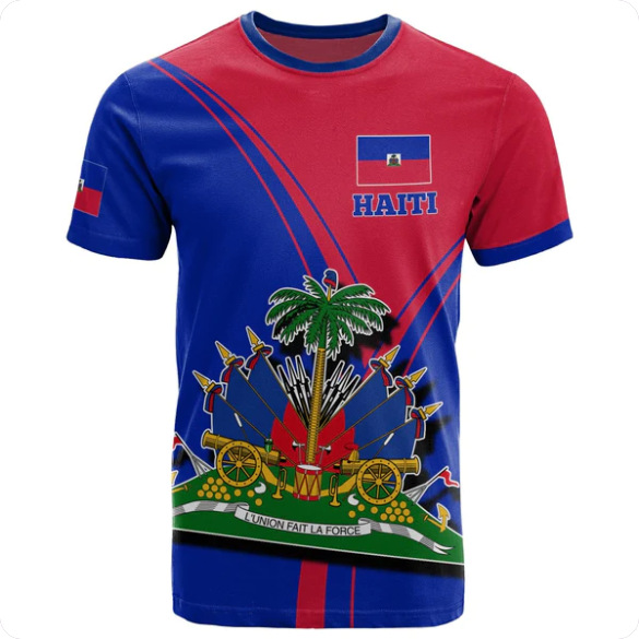 Angled view of Haiti flag t-shirt showing print quality and crew neck