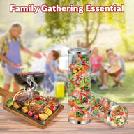 Rolling grilling basket filled with vegetables, family gathering in background