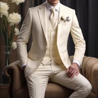 Cream three-piece men's formal banquet suit with vest, tie, and pocket square
