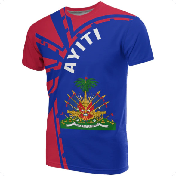 White Haiti t-shirt with vibrant flag, map, and bird emblem