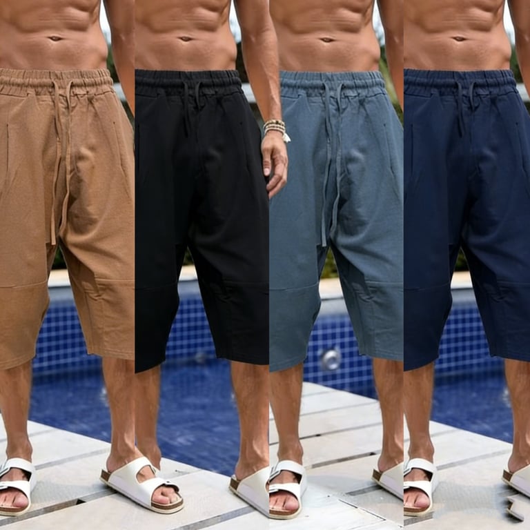 Back view of man in navy linen capri pants showing construction quality
