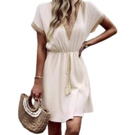 Lace-Trimmed V-Neck Waist-Cinching Dress | Casual Women's Fashion — view 1