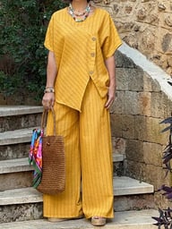Striped Two-Piece Set | Asymmetrical Shirt & Loose Pants for Women — view 5