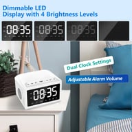 Alarm clock on nightstand displaying dimmable LED time with dual alarm settings