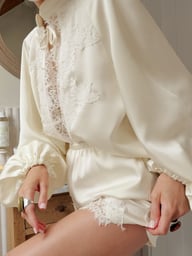 Off-White Ice-Silk Satin Lace-Trimmed Tie-Front Womens Pajama Set — view 10