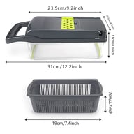 Dimensions and included basket accessory for 15-in-1 vegetable chopper slicer dicer