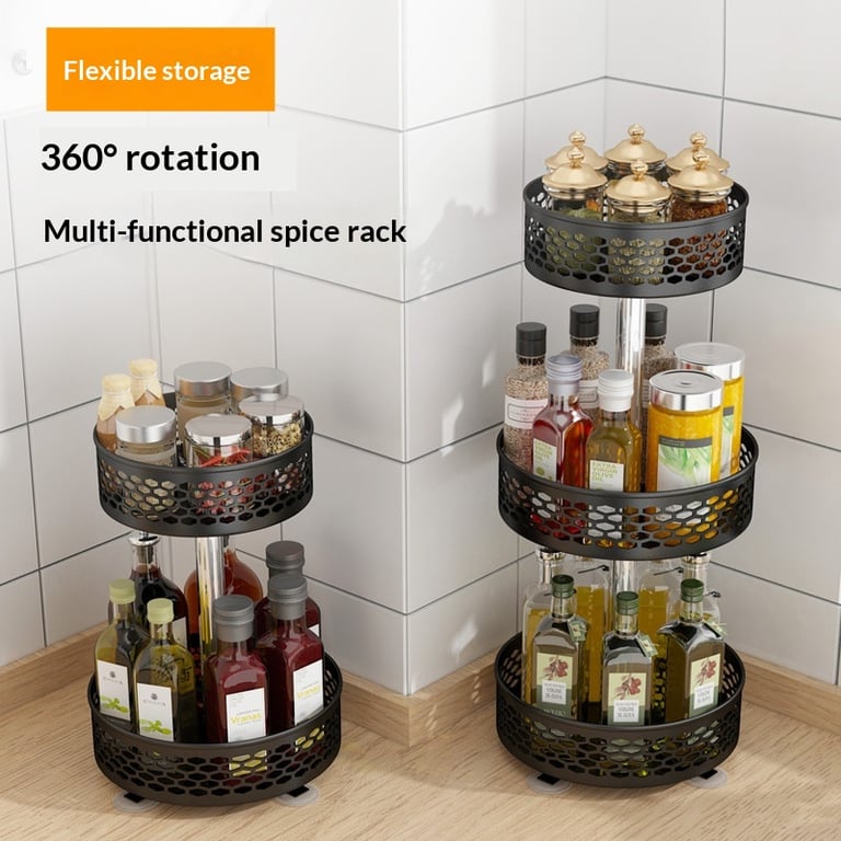 Modern kitchen with organized rotating spice rack, minimalist aesthetic