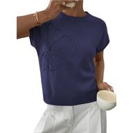 Jacquard Womens Knitted Short-Sleeve Flower Sweater | Soft Casual Top — view 5