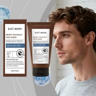 East Moon Bright Radiance Face Wash niacinamide cleanser with model and key ingredients