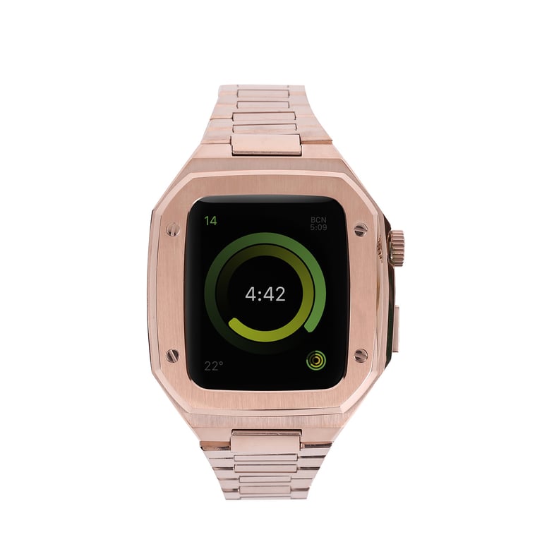 Gold metal Apple Watch case with blue silicone band, active lifestyle