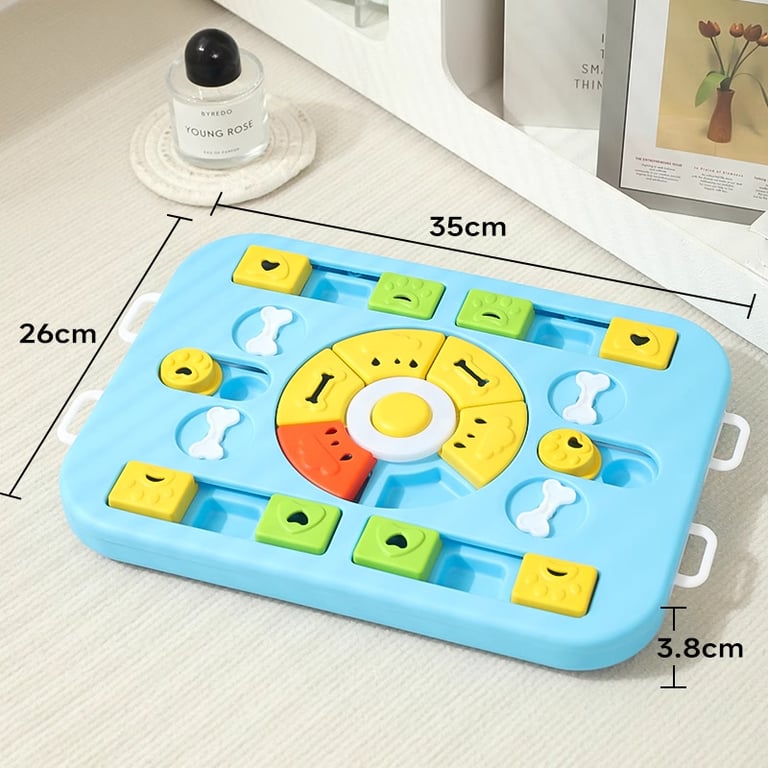 Durable light blue dog puzzle toy with reinforced plastic construction