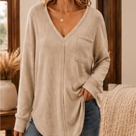Women's Loose-Fit V-Neck Long-Sleeve Waffle Knit T-Shirt | Captain Fam — view 1