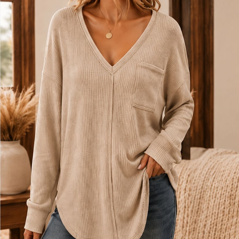 Women's Loose-Fit V-Neck Long-Sleeve Waffle Knit T-Shirt | Captain Fam