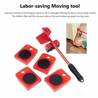Furniture moving tool set with lifter and four red sliders complete
