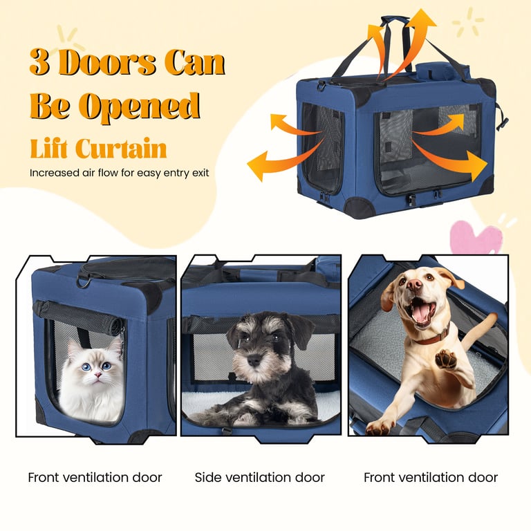Soft pet crate in living room with cat visible through mesh window