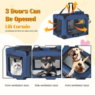 Three-door soft pet crate showing airflow mesh and pet entry points