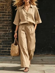 Women's Linen Two-Piece Set | Short-Sleeve Shirt & Loose Pants — view 8
