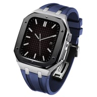 Silver stainless steel smartwatch case with blue fluororubber protective band on white background