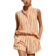 Woman in orange and white striped casual vest and shorts set with mandarin collar
