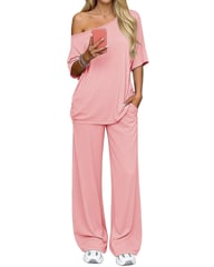 Pink off-shoulder casual top with high-waist wide-leg pants and functional pockets