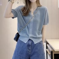 Womens Round-neck Blue Ice-silk Knitted T-shirt Top — view 3