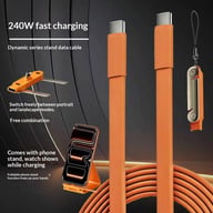 Orange silicone dual Type-C cable with integrated foldable phone stand, 240W charging