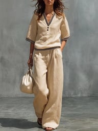 Beige, pink, and brown cotton-linen V-neck shirt and pants set color options
