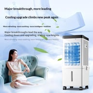 Portable mini cooling fan with oscillating blades in living room setting