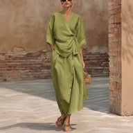 Women's Casual Loose Skirt Two-Piece Set | Linen Wrap Top & Button Skirt — view 5