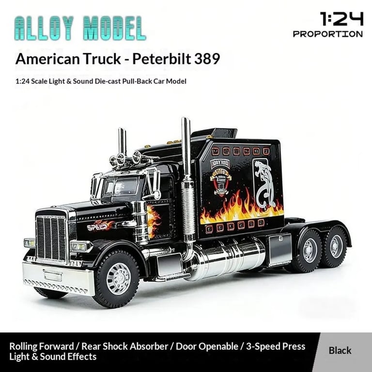 Diecast truck toy dimensions and features labeled with arrows
