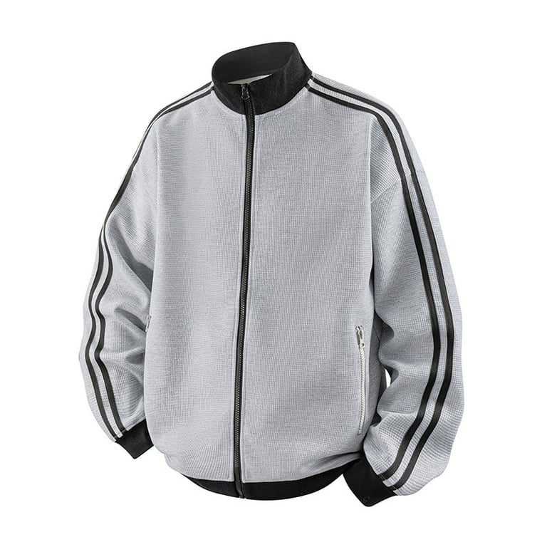 Striped casual jacket detail showing quality stitching and fabric