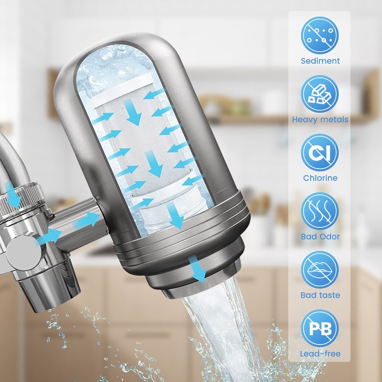 Close-up of brushed stainless steel faucet filter construction and durability