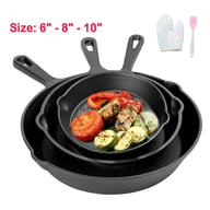 Stacked pre-seasoned cast iron skillets showing 6, 8, and 10-inch sizes with vegetables