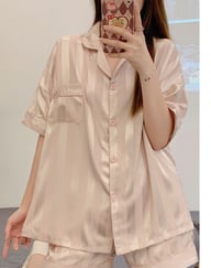 Womens Summer High-End Ice Silk Short-Sleeve Pajama Set 3 Pieces — view 10